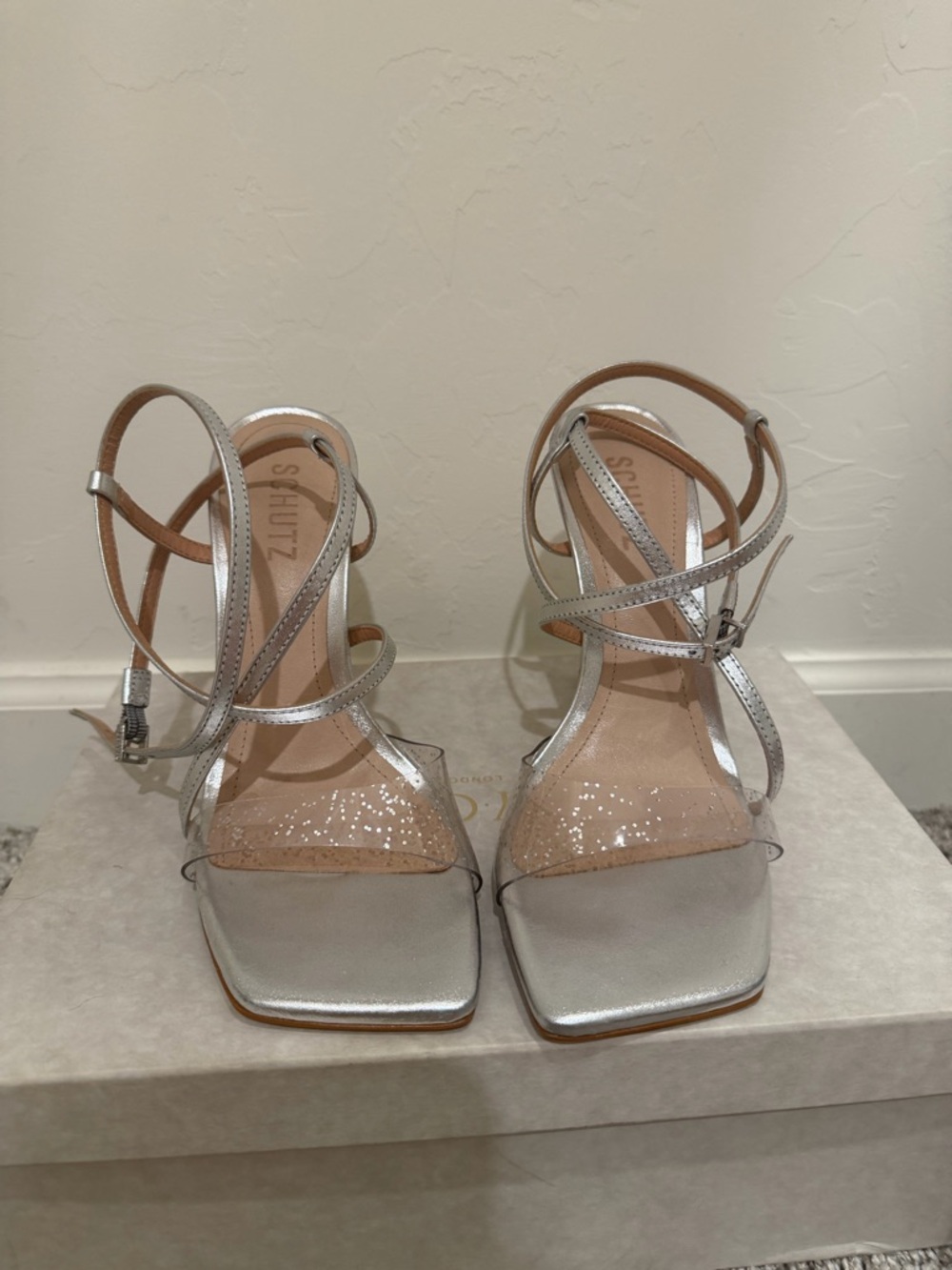 SCHUTZ Silver Square-Toe Strappy Heels